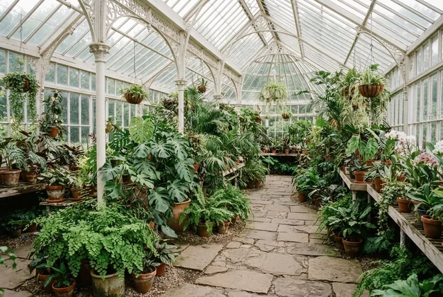 Illustrative view of a bright glass greenhouse filled with green plants.