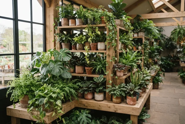 Illustrative indoor display of leafy houseplants on timber shelving.