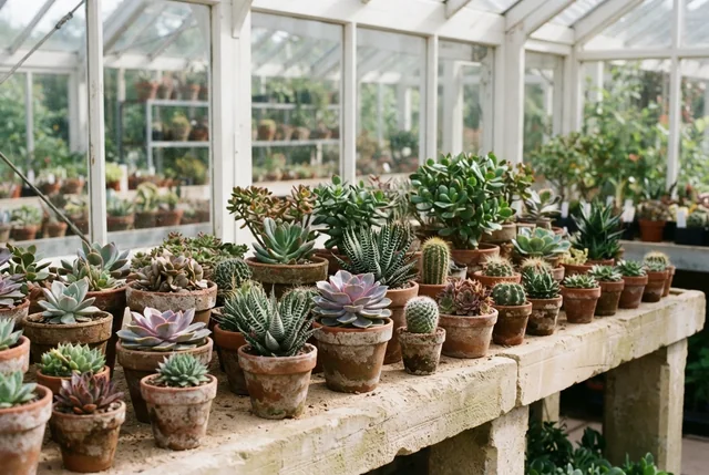 Illustrative succulent and cactus display in terracotta pots on pale stone benches.