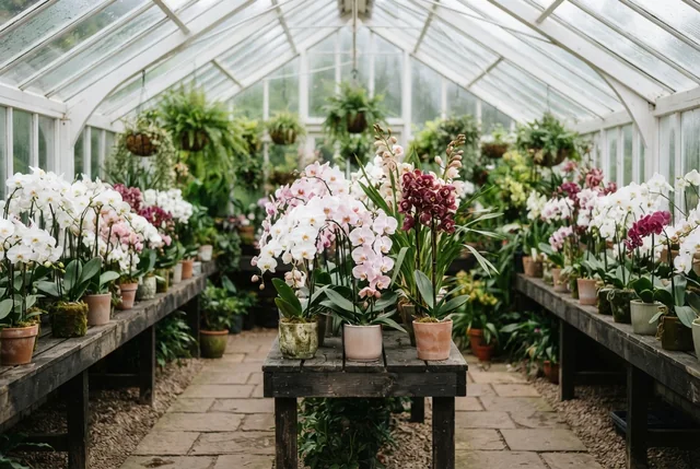 Illustrative white, pink and purple orchid display on dark timber tables.
