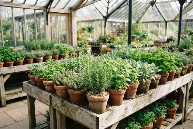 Illustrative culinary herbs in clay pots on wooden benches in morning light.