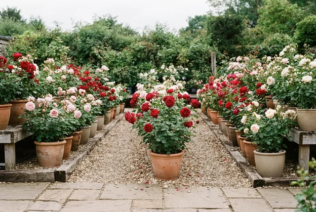 Illustrative nursery aisle of red, blush and cream rose bushes in large pots.