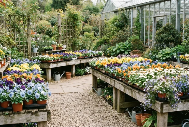 Illustrative blocks of colourful seasonal bedding plants on low wooden tables.