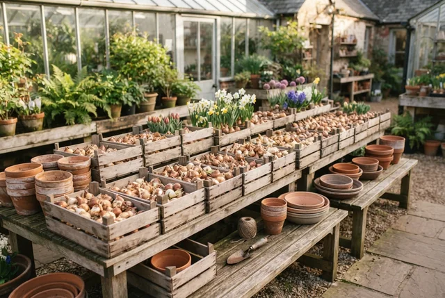 Illustrative autumn bulb display in wooden trays beside terracotta planters.
