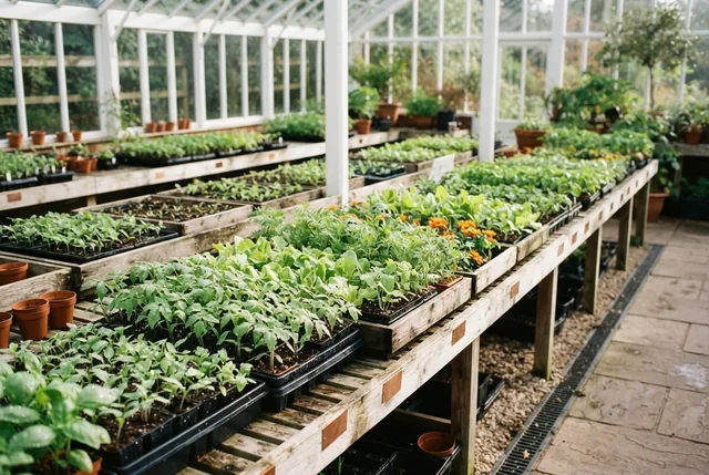 Illustrative rows of young vegetable and flower seedlings in greenhouse trays.