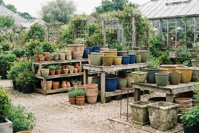 Illustrative outdoor display of terracotta, ceramic and stone planters.
