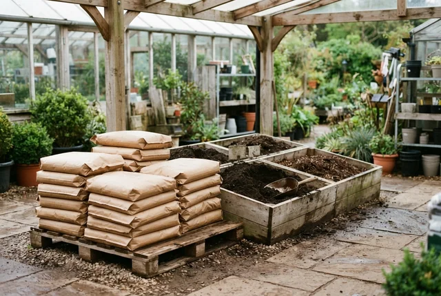 Illustrative peat-free compost area with plain sacks and wooden sample bins.