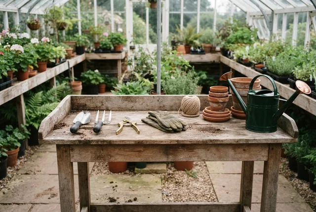 Illustrative garden hand tools and watering cans arranged on a timber potting bench.