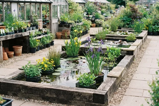Illustrative water-plant display with lilies, iris and marginal plants.