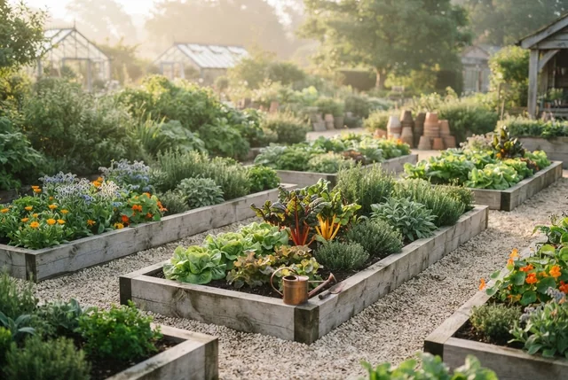 Illustrative demonstration garden with planted timber raised beds.