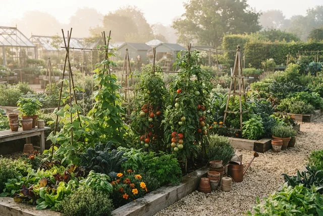 Illustrative kitchen garden with vegetables, herbs and timber supports.