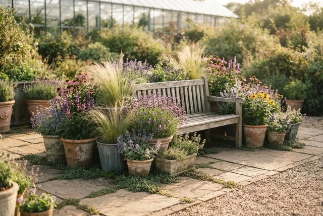 Illustrative patio display with layered flower and foliage containers.