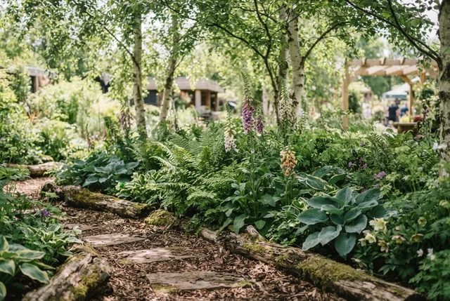 Illustrative woodland planting with ferns, hostas and foxgloves.
