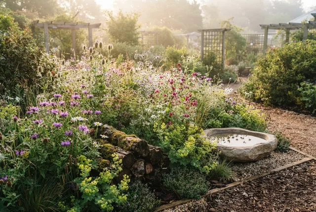 Illustrative wildlife-friendly garden with native flowers and a bird bath.