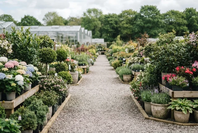 Illustrative outdoor nursery aisle of flowering and evergreen shrubs.