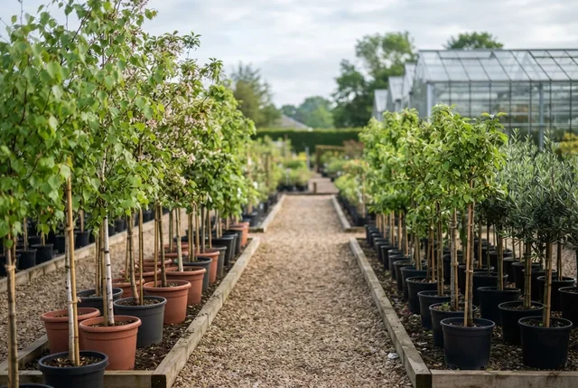 Illustrative nursery rows of young ornamental and fruit trees.