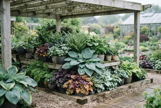 Illustrative shade-plant display with hostas, ferns and heucheras.
