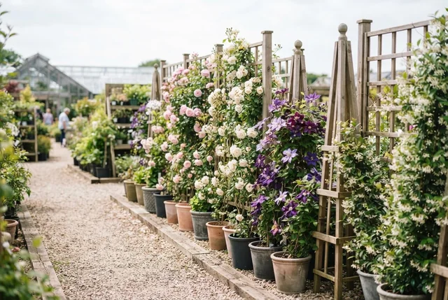 Illustrative trellis display of climbing roses, clematis and jasmine.