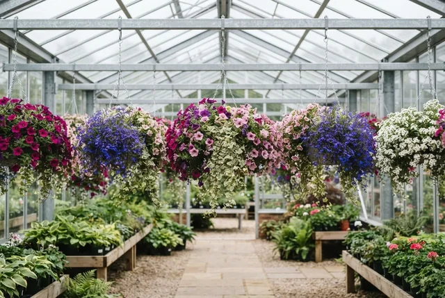Illustrative garden-centre display of colourful hanging baskets.