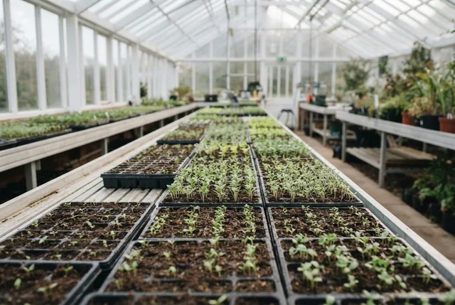 Illustrative propagation bench with orderly seed trays and seedlings.