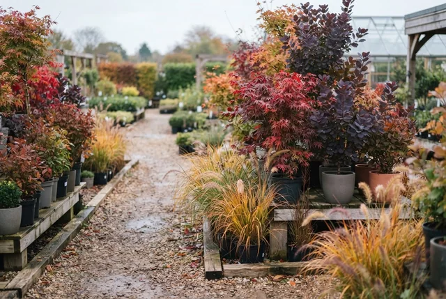 Illustrative autumn nursery display with vivid foliage shrubs and trees.