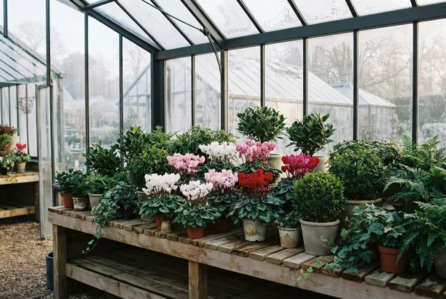 Illustrative bright winter greenhouse with hardy green plants.