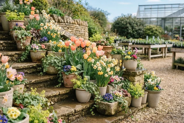 Illustrative spring container display with bulbs and fresh flowers.
