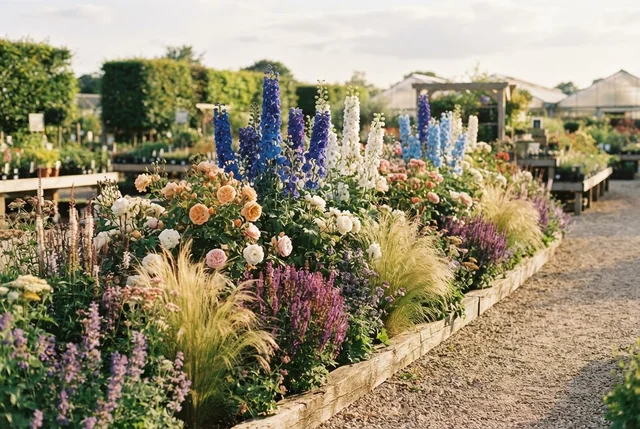 Illustrative layered summer flower border in full bloom.