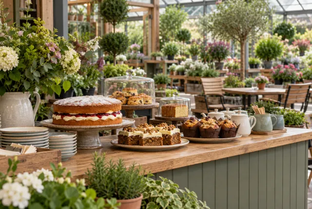 Illustrative view of a simple tea counter with cakes and leafy displays beyond.