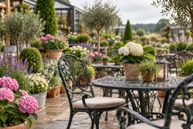 Illustrative view of wrought-iron tables among potted flowers on an outdoor terrace.