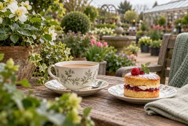 Illustrative view of a teacup and small cake framed by softly blurred greenery.