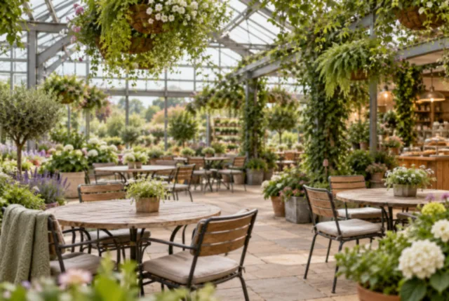 Illustrative view of simple tearoom seating beneath hanging greenery in a glasshouse.