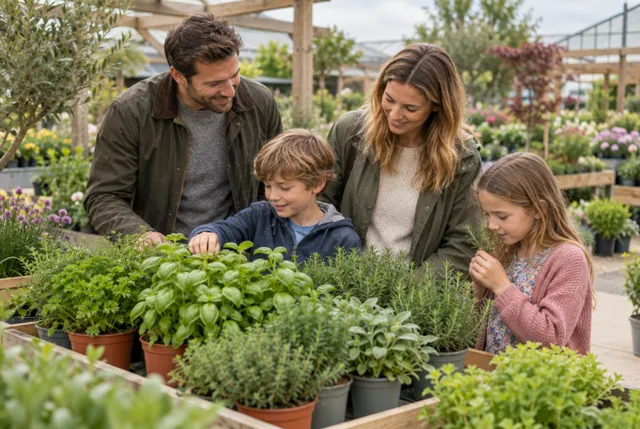 Illustrative view of a family-sized table beside a display of potted herbs.