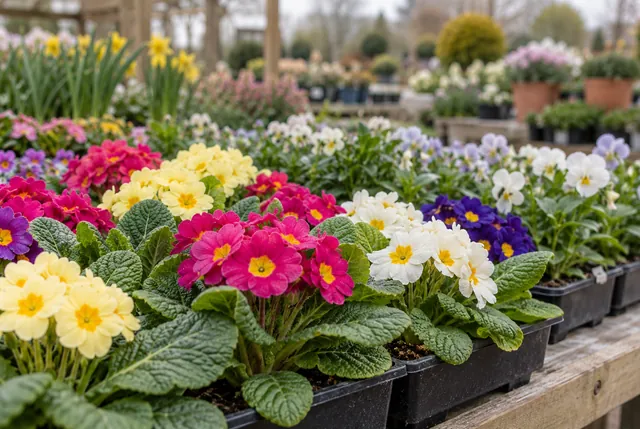 Illustrative view of primroses and pale spring bedding flowers in low nursery trays.