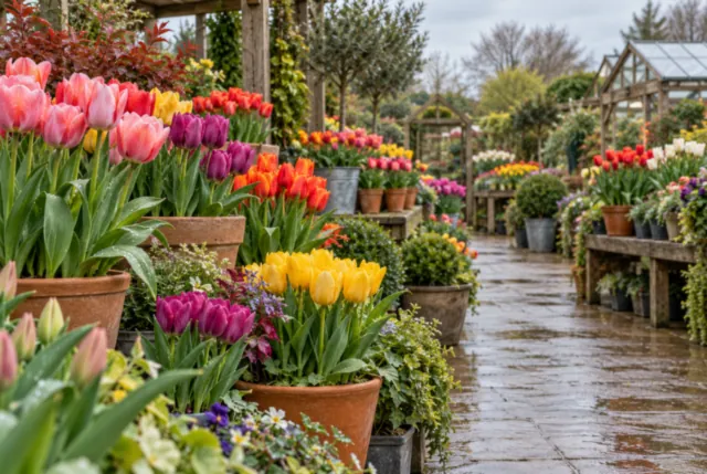 Illustrative view of colorful tulip pots lining a damp garden-centre path.