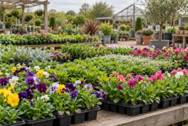 Illustrative view of young bedding plants arranged in dense nursery trays.