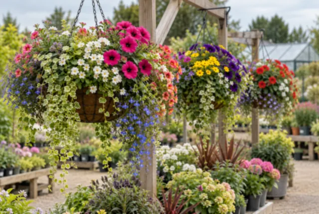 Illustrative view of lush hanging baskets overflowing with trailing summer flowers.