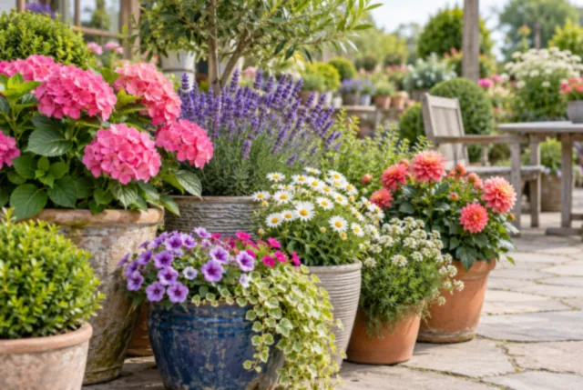 Illustrative view of bright mixed flowers arranged in pots for a sunny patio.