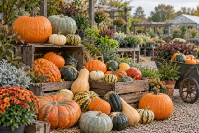 Illustrative view of pumpkins and squash arranged on rustic wooden crates.
