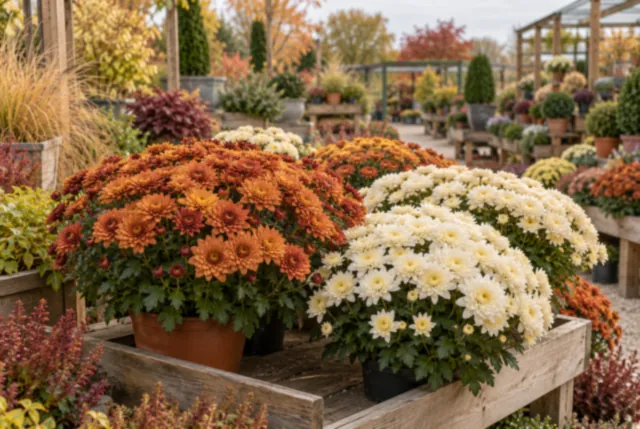 Illustrative view of bronze and cream chrysanthemums in warm autumn light.