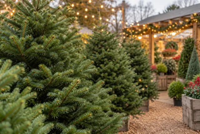 Illustrative view of natural evergreen Christmas trees beneath warm tiny lights.