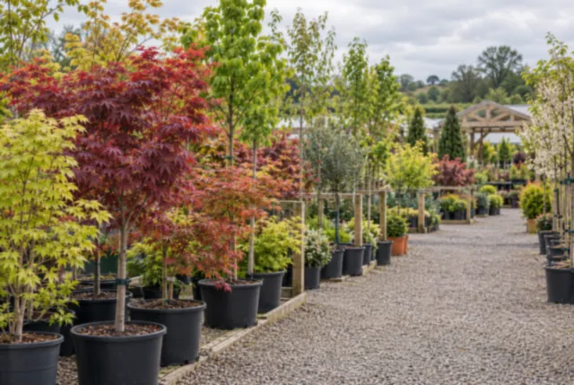 Illustrative view of young ornamental trees in pots across orderly outdoor rows.