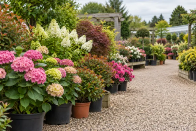 Illustrative view of flowering shrubs in nursery pots beside a broad gravel path.
