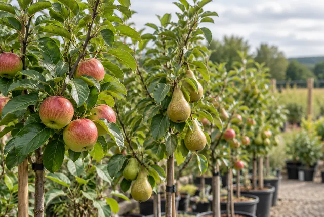 Illustrative view of young apple and pear trees lined up beneath an open sky.