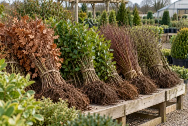 Illustrative view of bundles of bare-root hedging plants on a nursery bench.