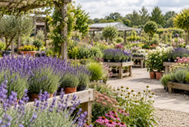 Illustrative view of lavender and hardy perennials in a sunny nursery section.
