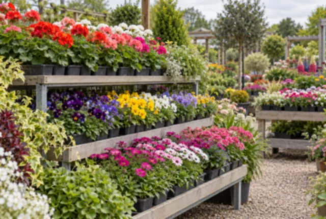 Illustrative view of tiered outdoor racks filled with compact flowering bedding plants.