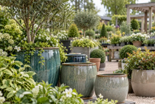 Illustrative view of glazed ceramic planters in muted tones beside leafy displays.