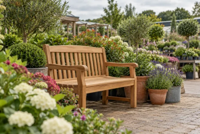 Illustrative view of a solid timber garden bench among potted shrubs and flowers.