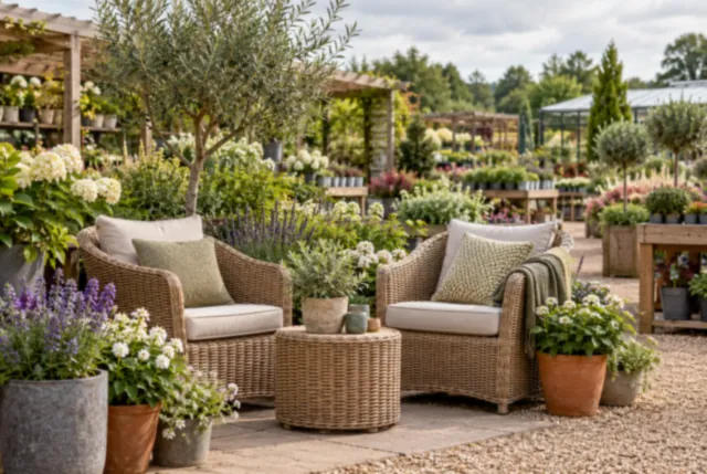 Illustrative view of unbranded rattan chairs staged beside container plants.